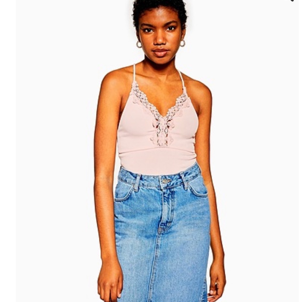 NWT TOPSHOP Pink Lace Trim Strappy Rib Bodysuit
